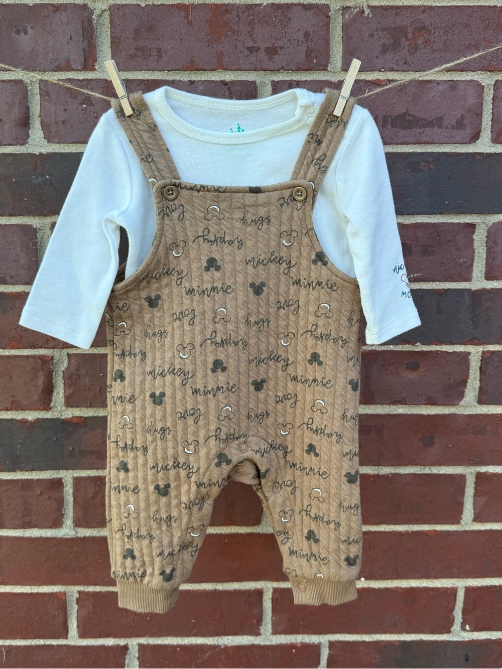 Disney Tan Mickey Overalls with White Bodysuit